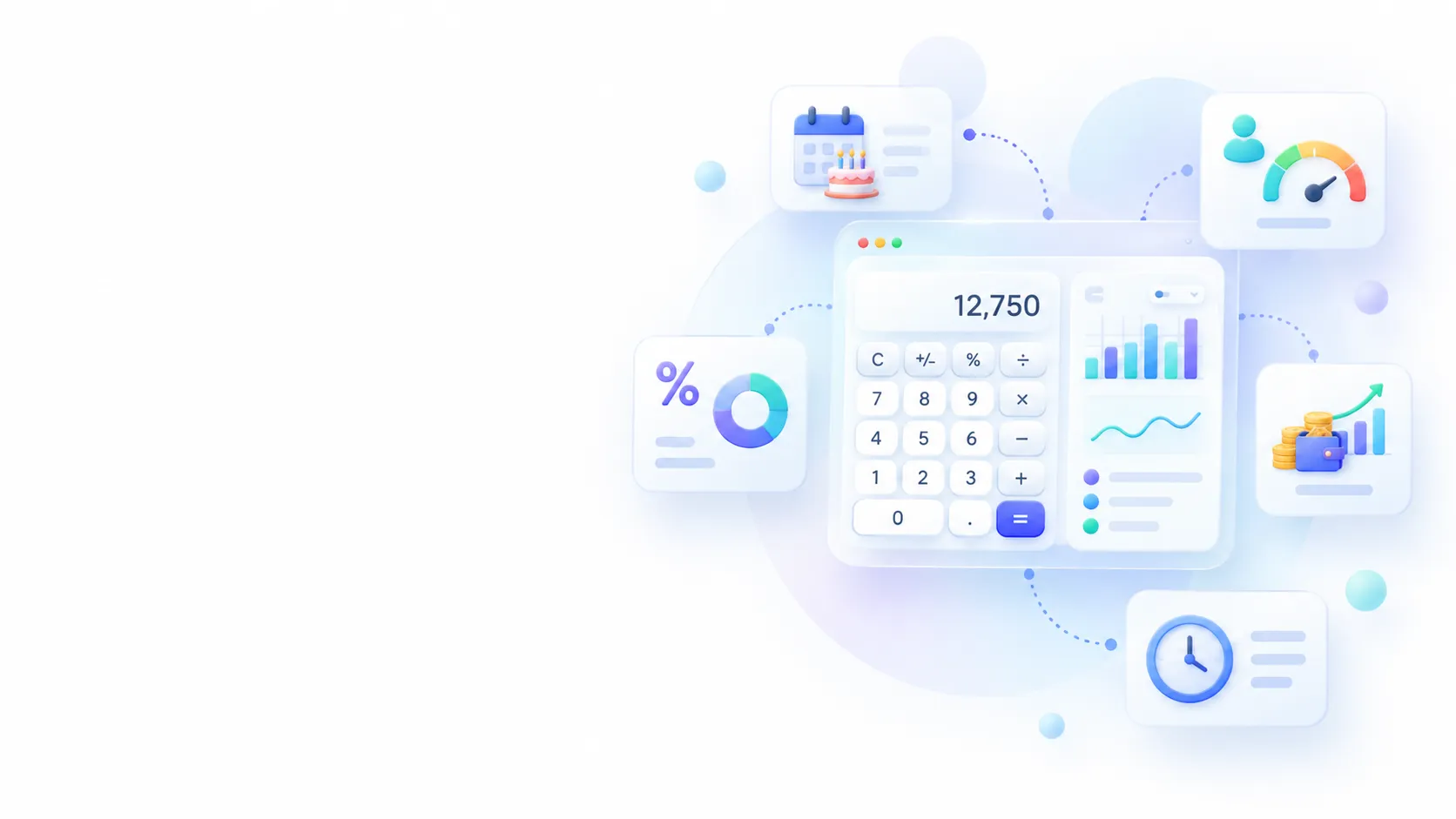 A browser dashboard containing practical calculators and results