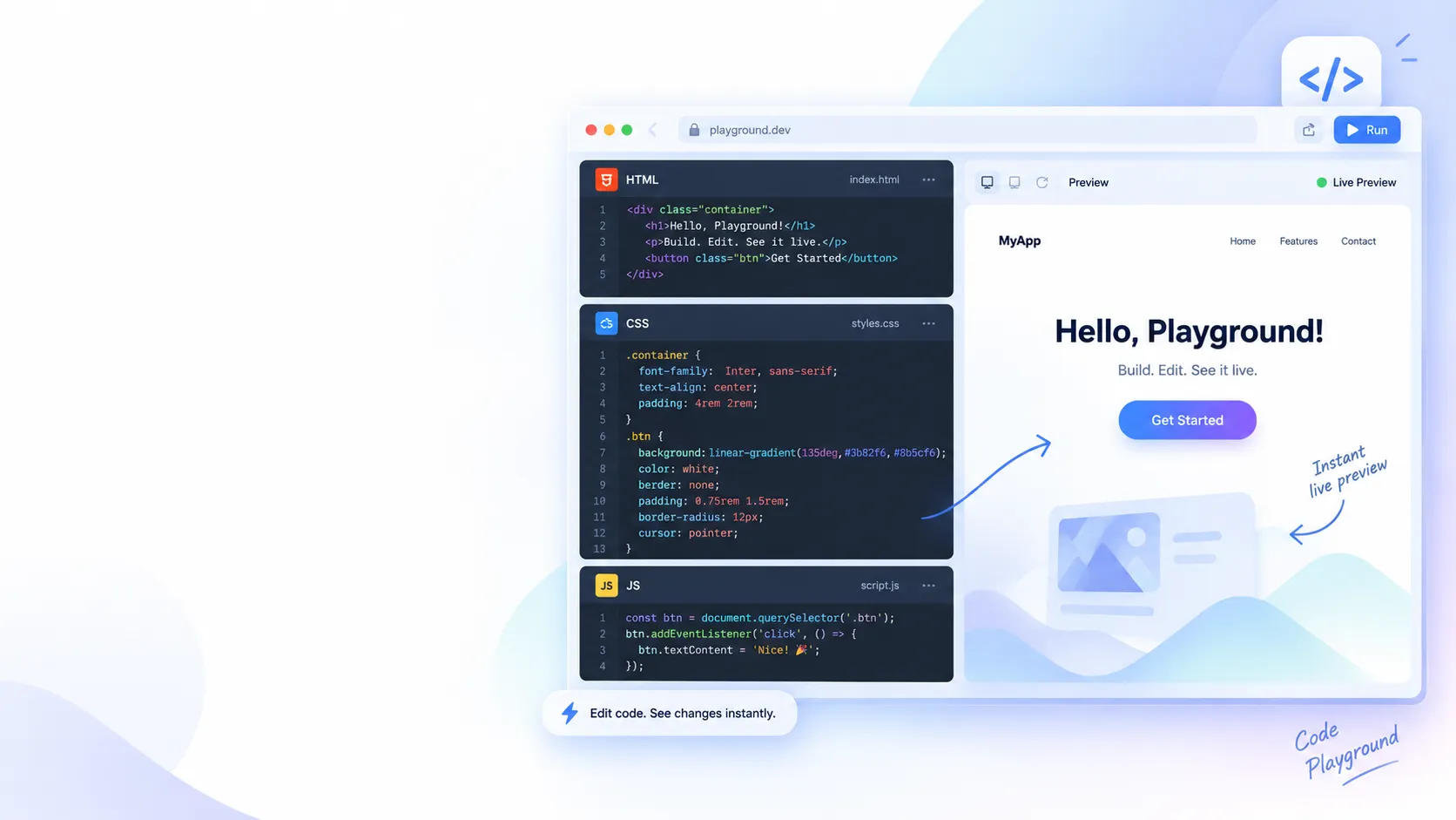 Code Playground with HTML, CSS and JavaScript editors beside a live preview