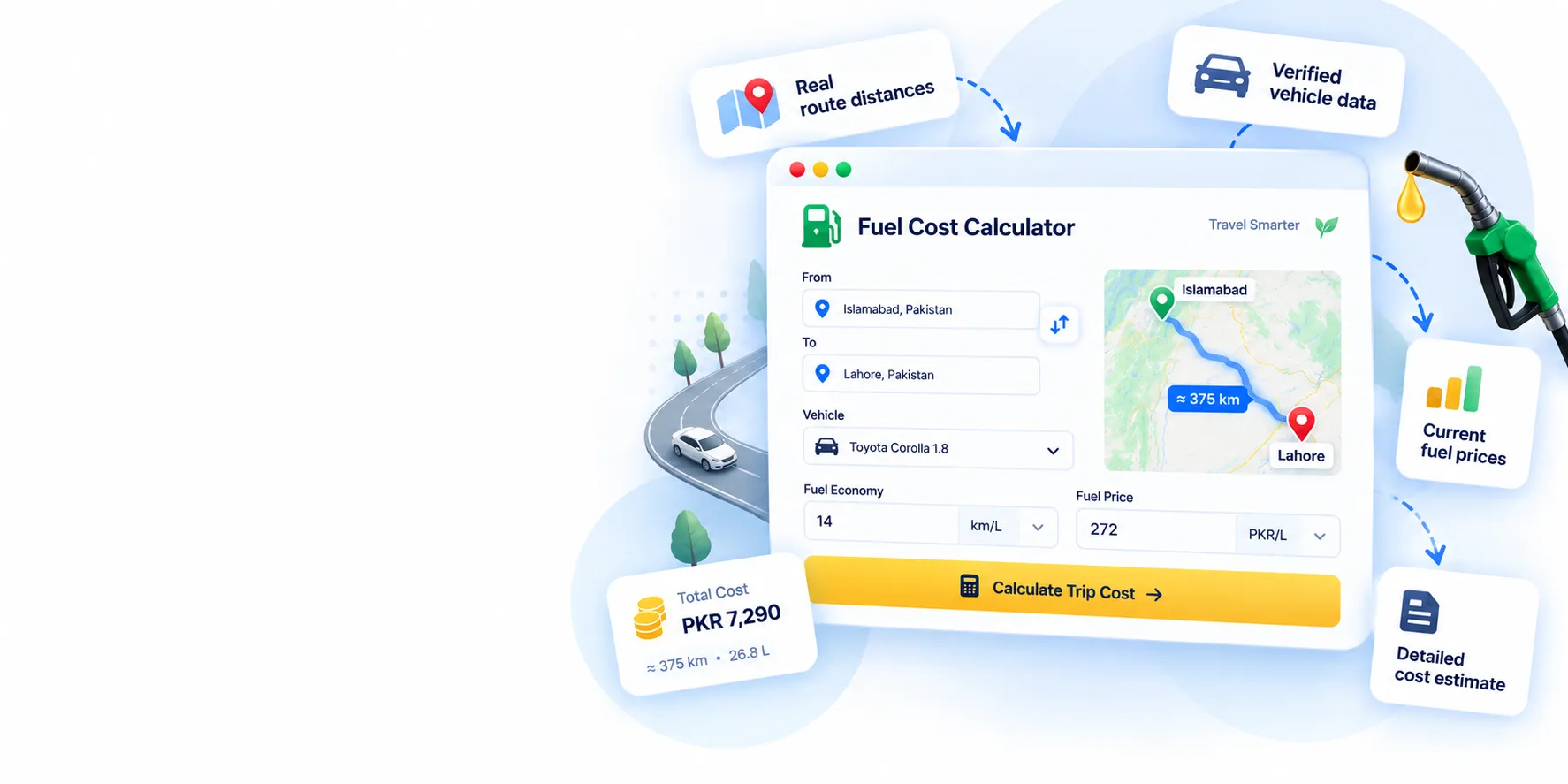 Fuel cost calculator showing a route, vehicle, fuel price and trip estimate