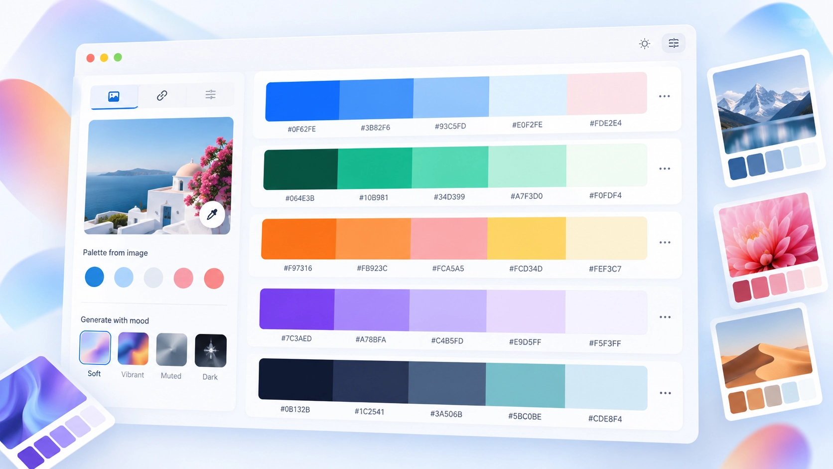 Coordinated color palettes generated from photos and creative moods