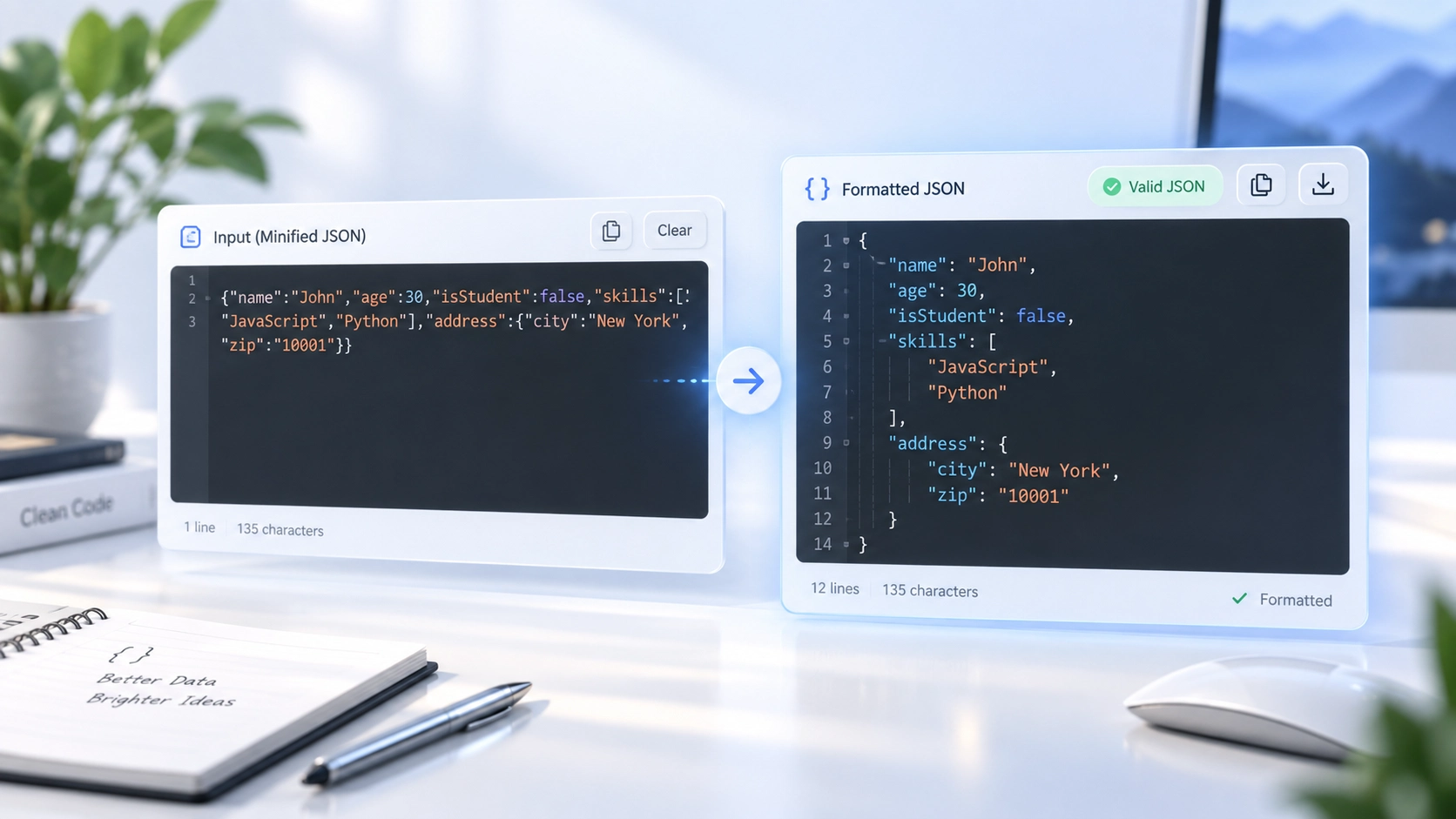 Minified JSON transformed into formatted and validated JSON code