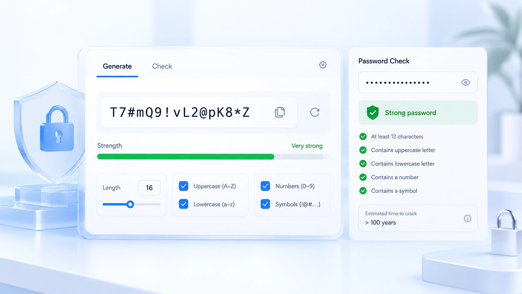 Password generator and strength checker showing a very strong password