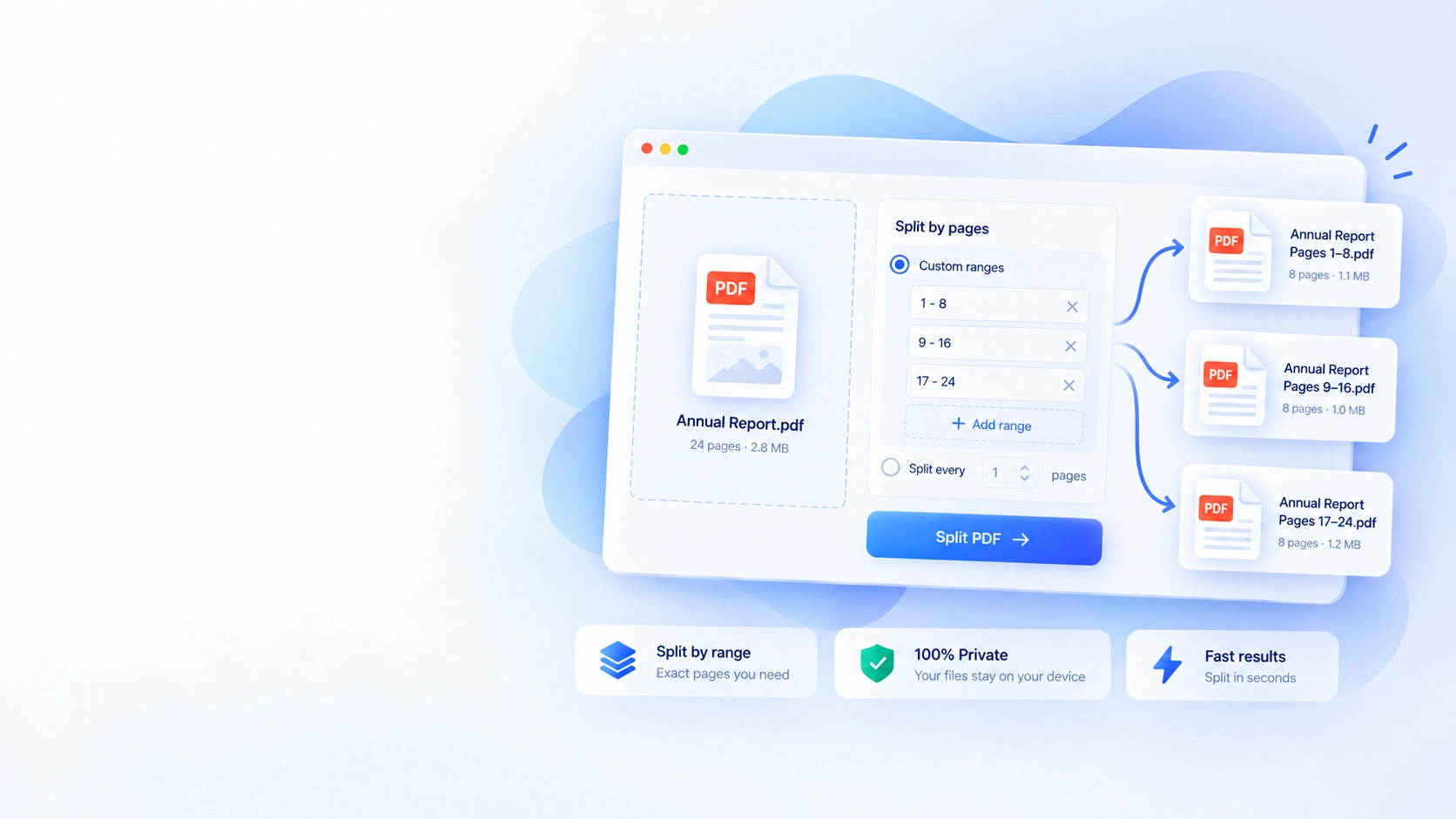 A PDF being divided into custom page ranges