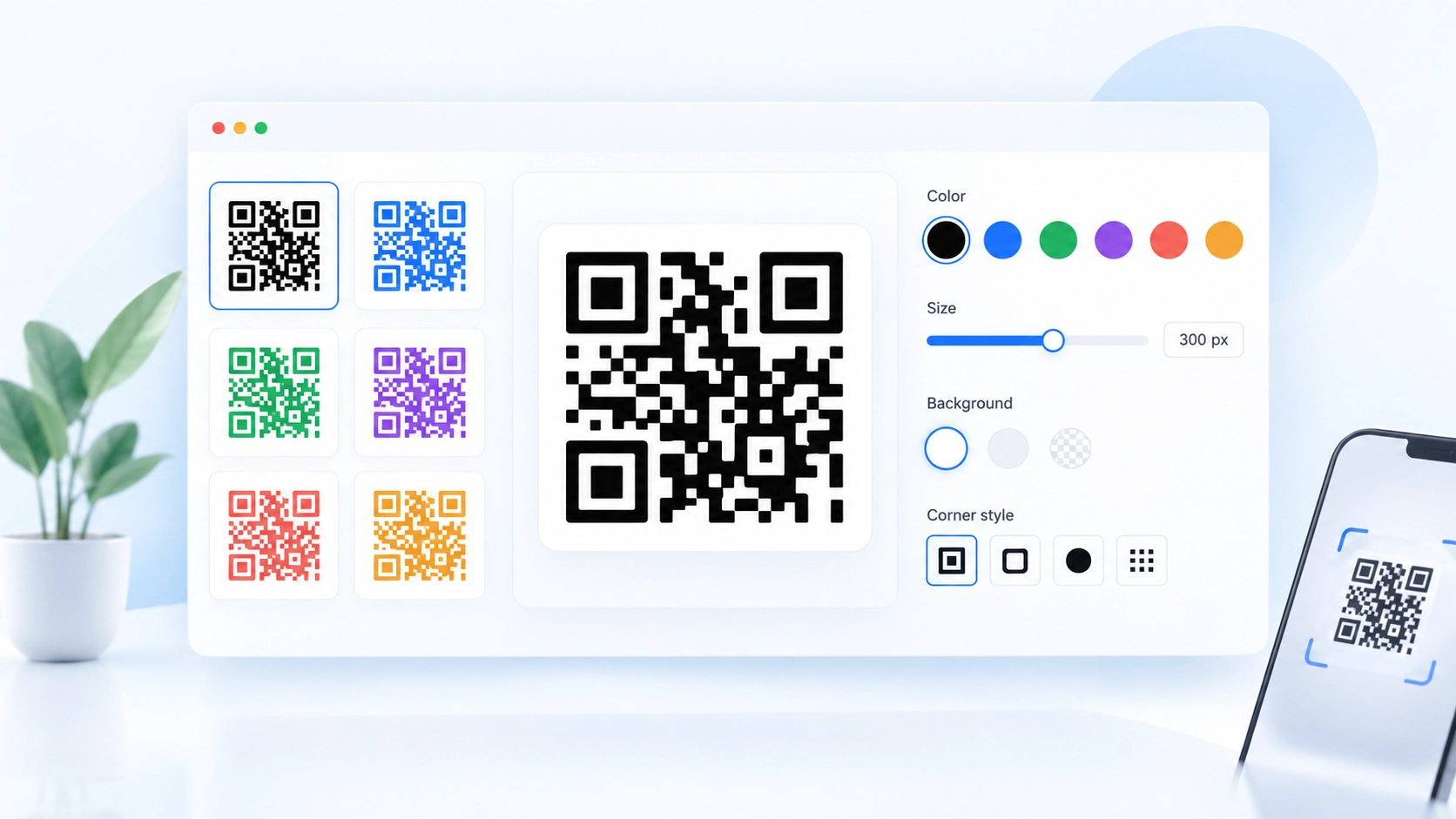 QR code generator with color, size, background and corner controls