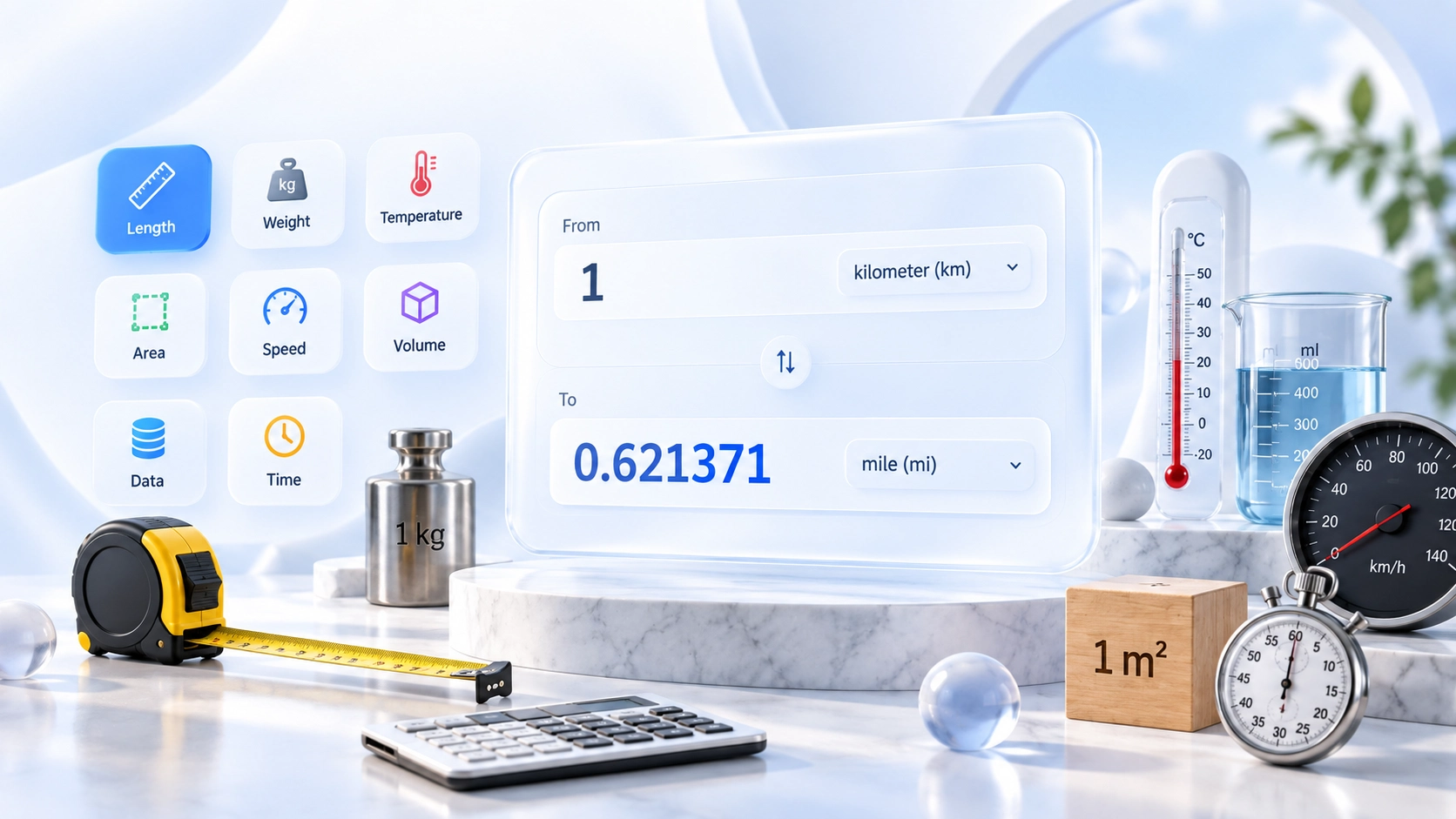 Unit converter surrounded by familiar measurement objects