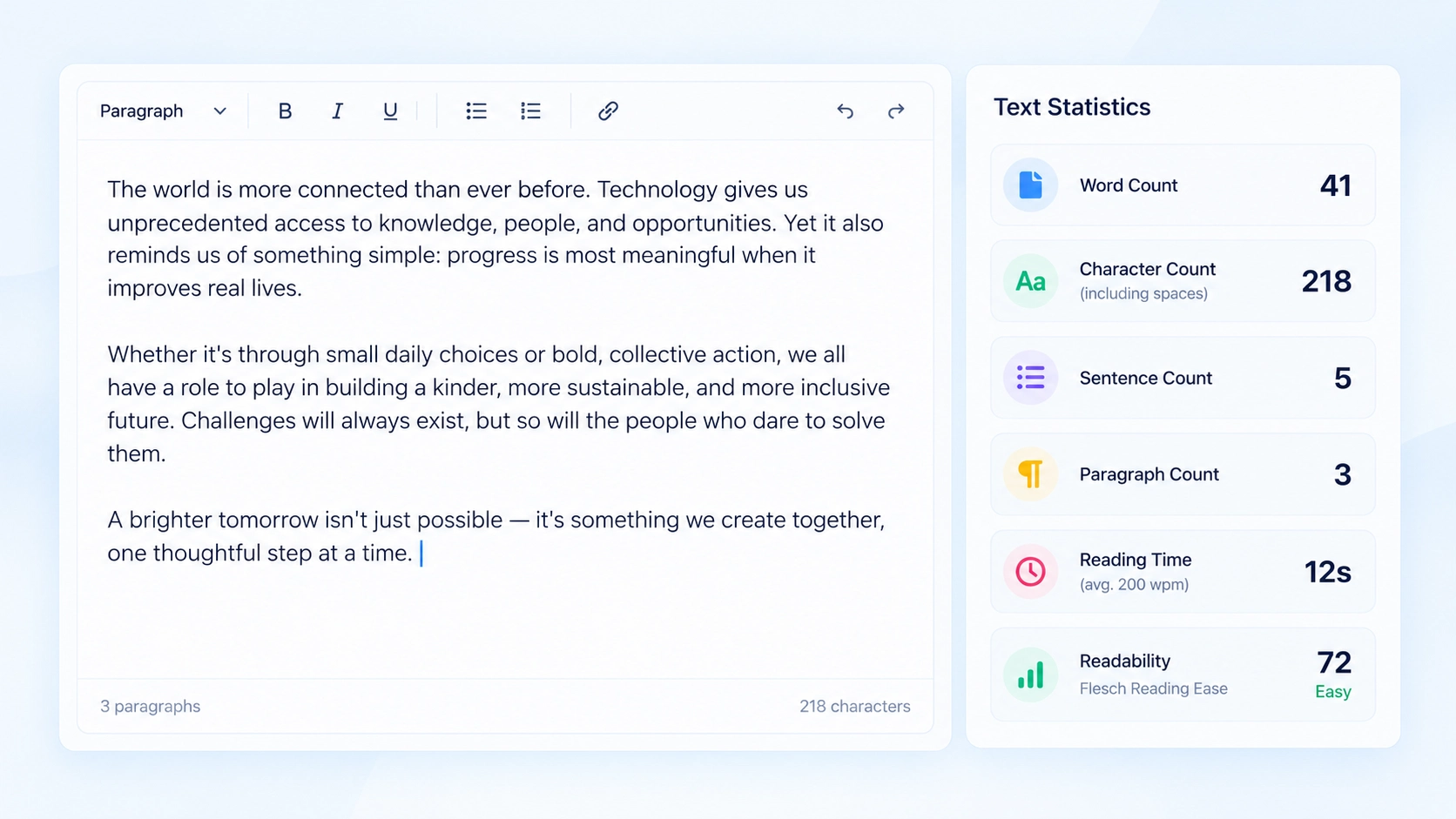Writing editor with live word, character, sentence and readability statistics